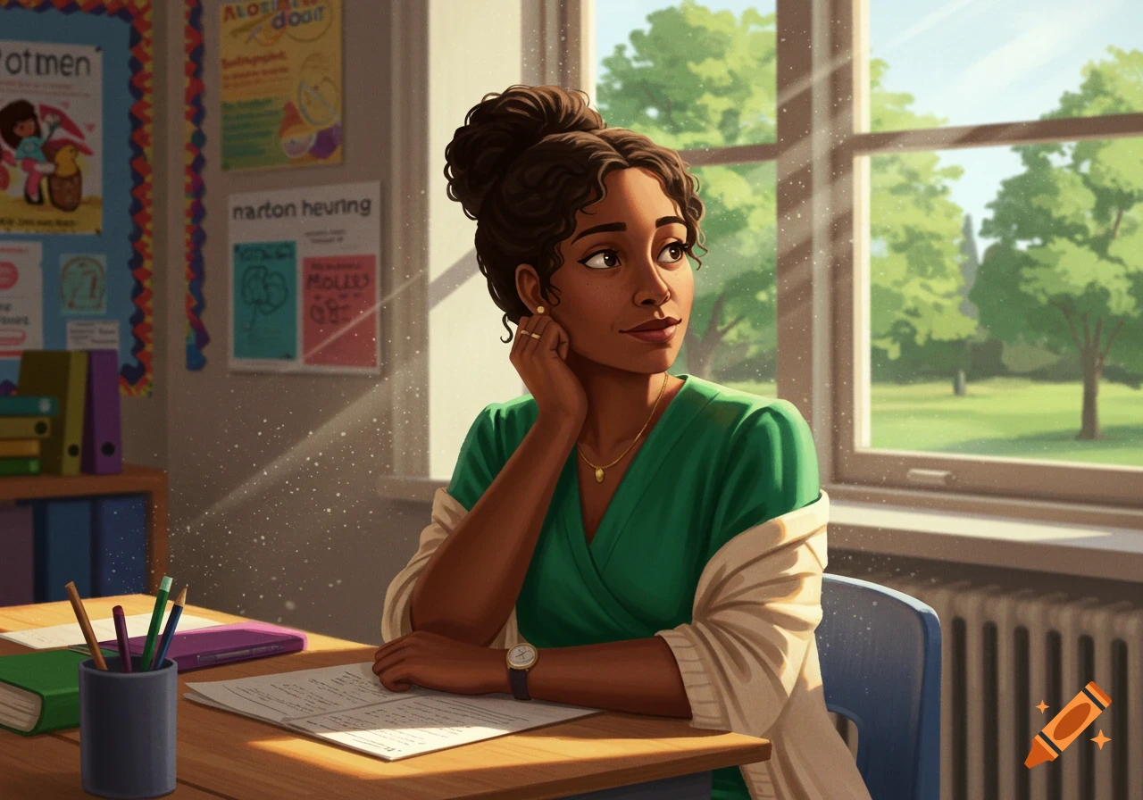 An illustrated Black female teacher sits at a desk in a sunny classroom, looking out a window.