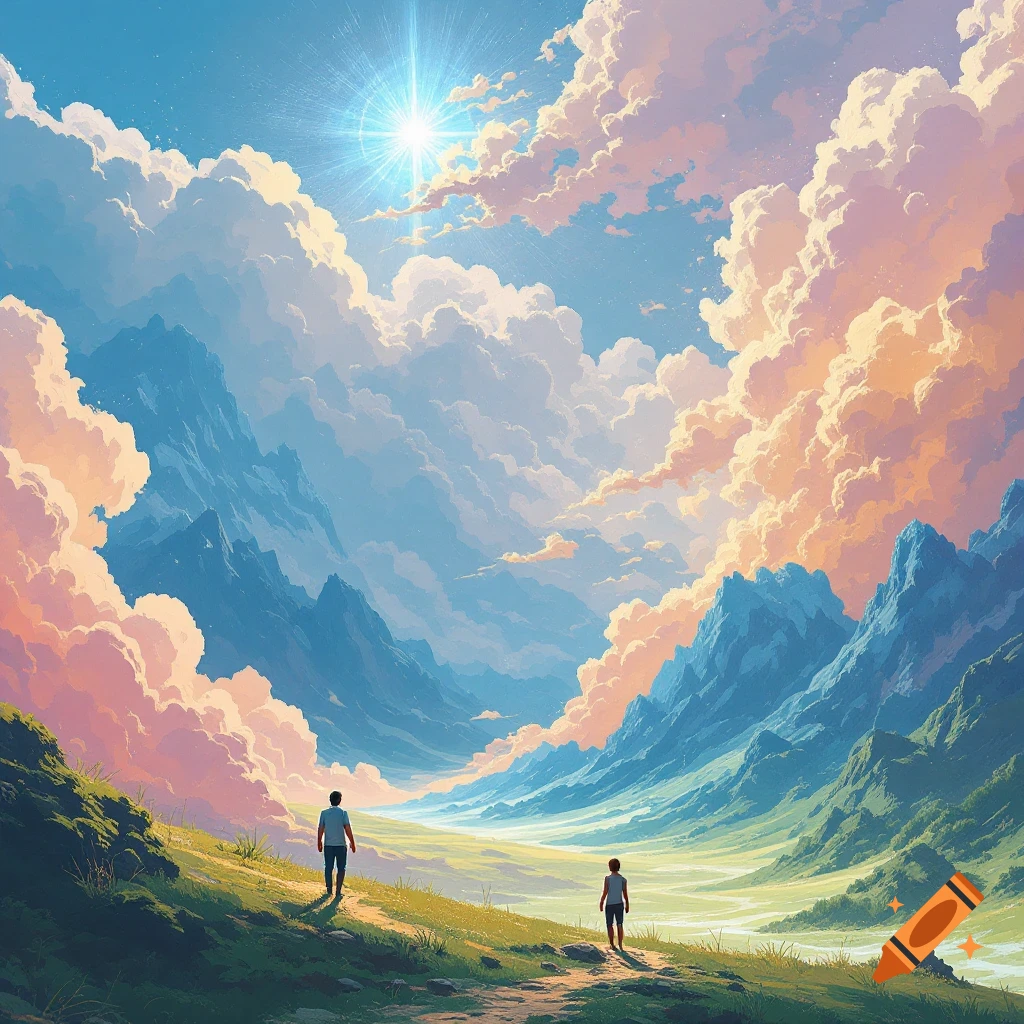 Two small figures walk up a grassy hill towards a bright light over a vast valley with blue mountains and dramatic orange clouds.