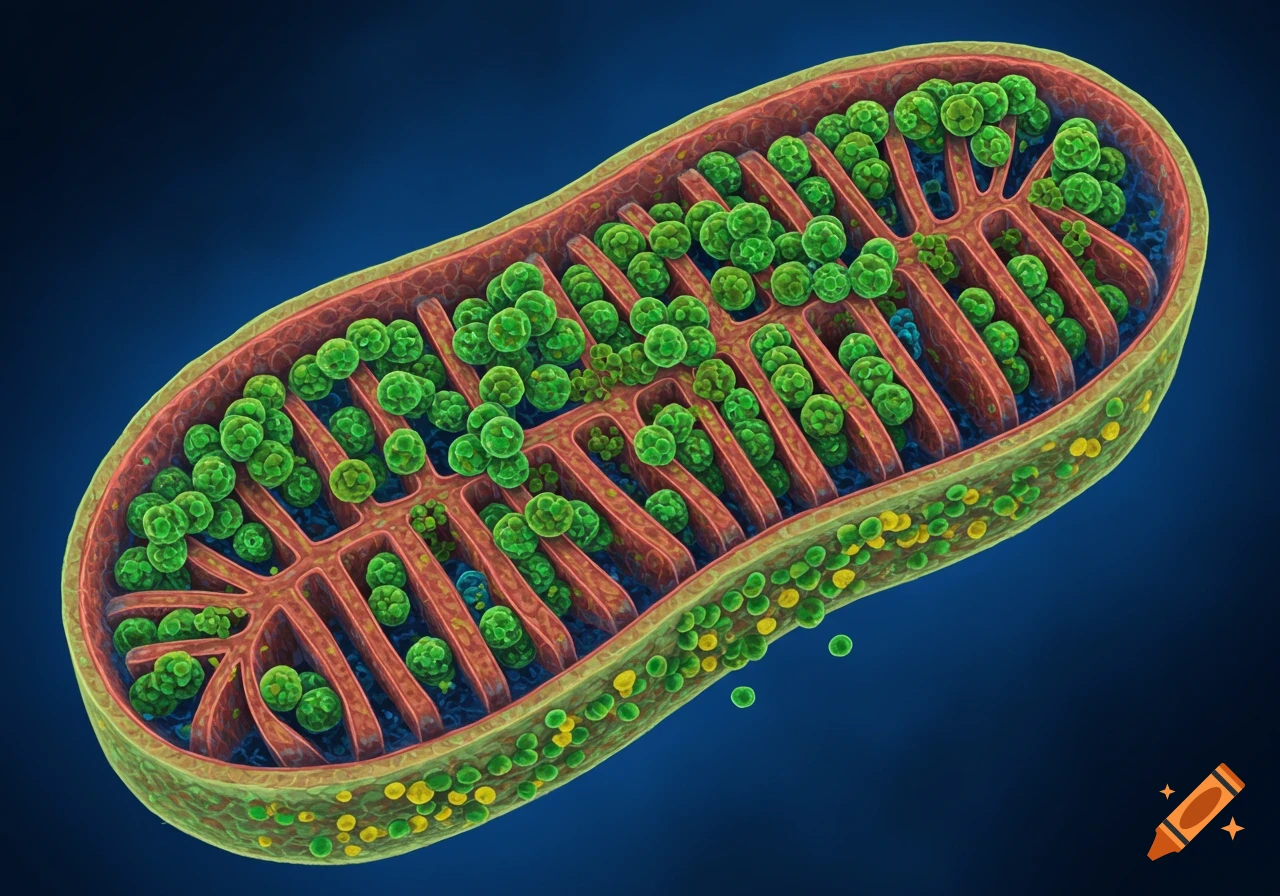 3D rendering of a mitochondrion showing internal structures and green particles, against a dark blue background.