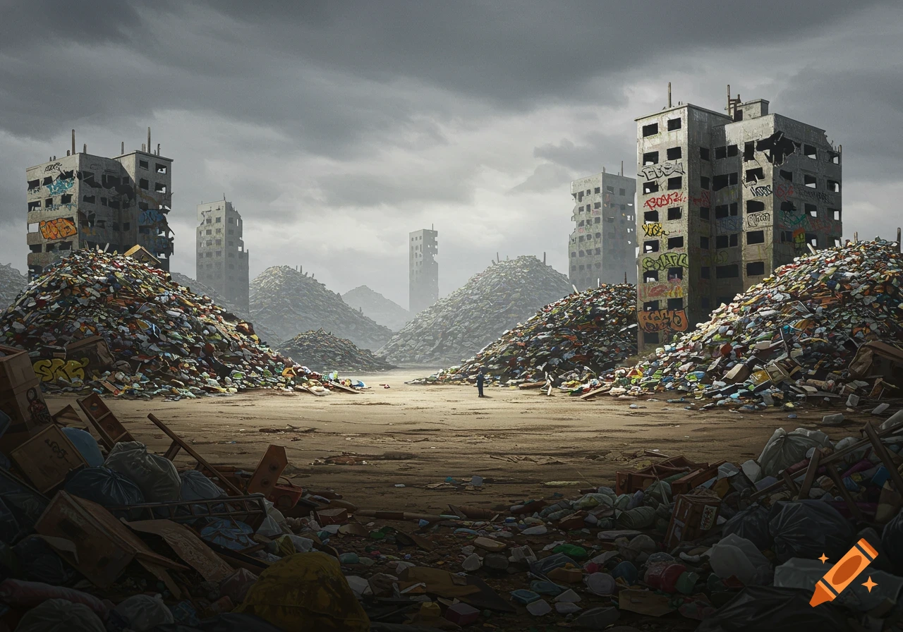 A dark photorealistic image of a desolate wasteland filled with huge piles of rubbish, ruined buildings, and a single figure under a grey, cloudy sky.