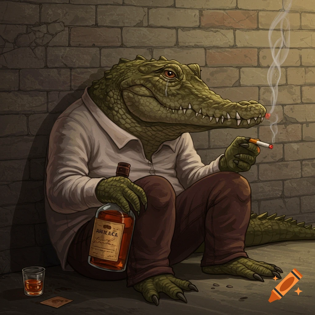 An anthropomorphic crocodile in a shirt and pants sits by a brick wall, holding a bottle and a lit cigarette, with a glass and card on the ground.