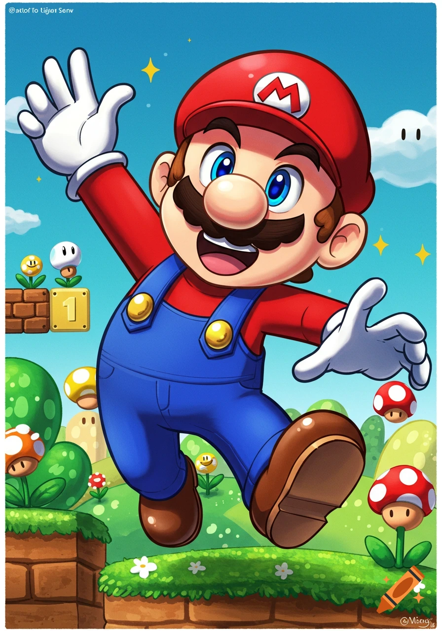 Vibrant cartoon illustration of Mario waving and smiling in a classic Super Mario landscape with mushrooms, bricks, and stars.