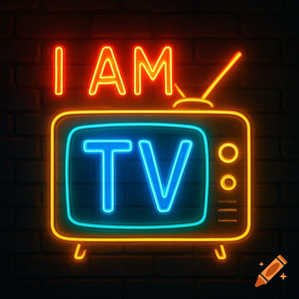 A vibrant neon sign shaped like an old television on a brick wall. Red neon reads 'I AM' above, and blue neon 'TV' on the screen.