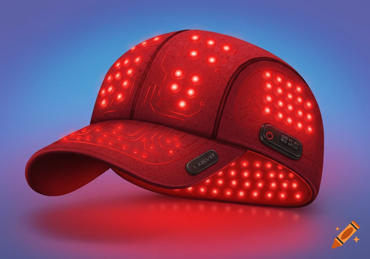A red baseball cap-style hat covered in many glowing red LED lights and visible circuit patterns, against a blue background.
