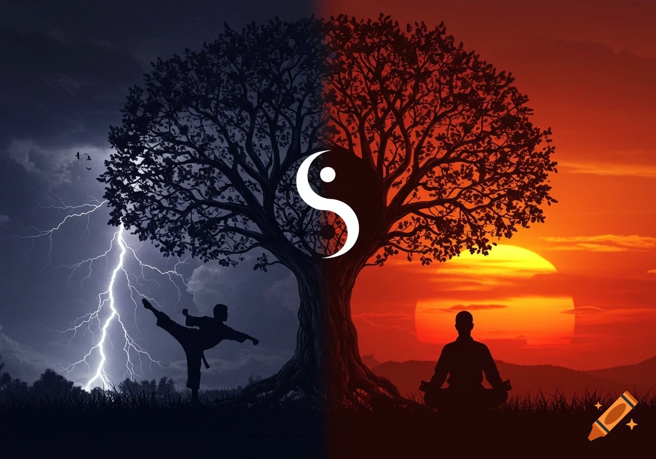 A tree with a yin-yang symbol splits a stormy night with a karateka and lightning on the left, and a sunset with a meditating figure on the right.