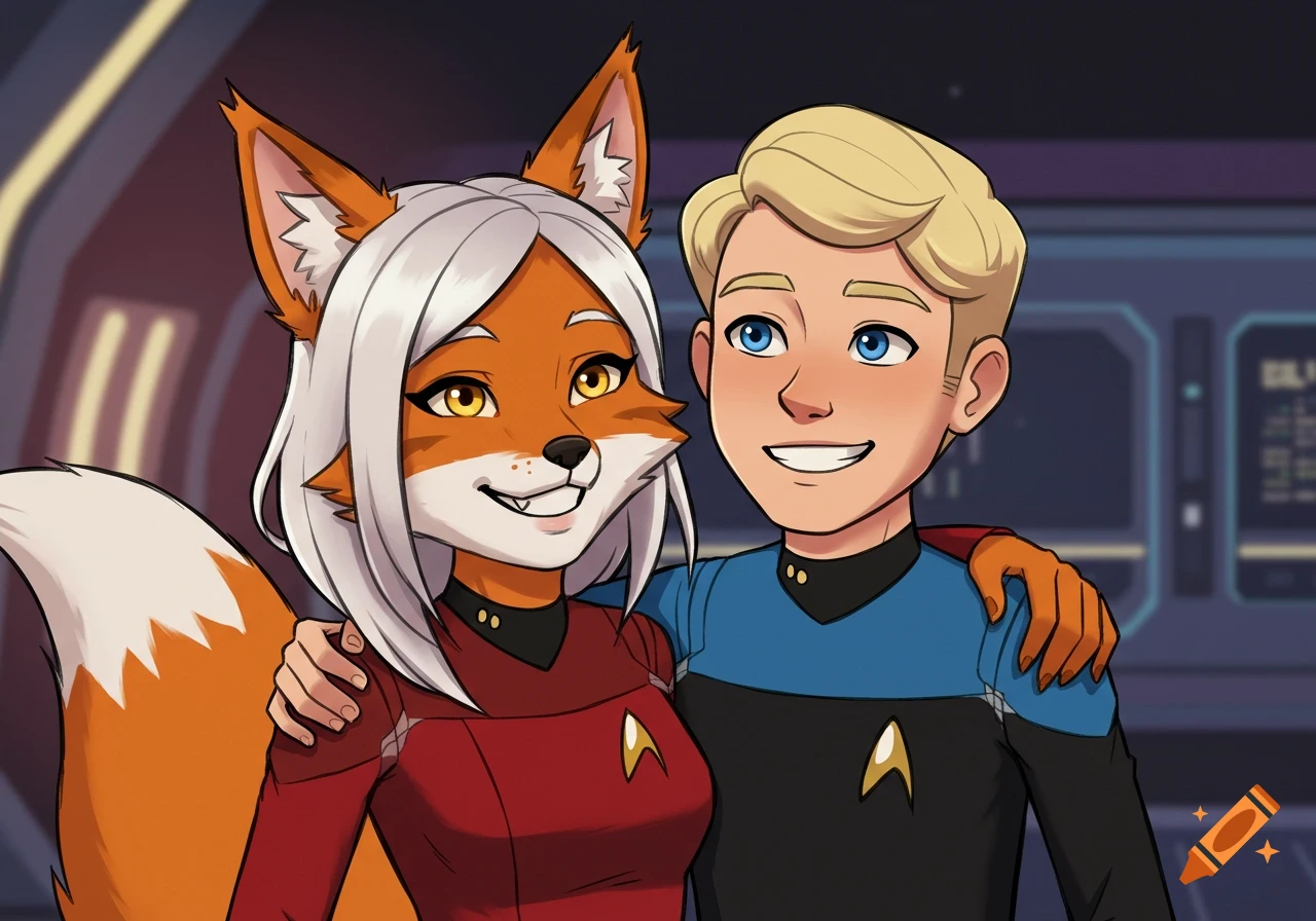 Two smiling Starfleet officers, a red-uniformed foxgirl and a blue-uniformed human man, embrace in a cartoon style, aboard a Starship.