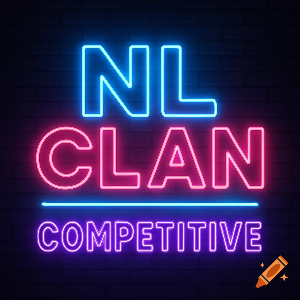 Neon sign displaying 'NL CLAN COMPETITIVE' in blue, pink, and purple against a brick wall.