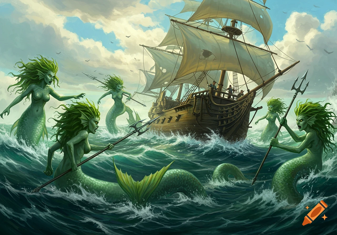 Digital painting of green-haired mermaids with tridents attacking a wooden sailing ship in a stormy sea under a cloudy sky.