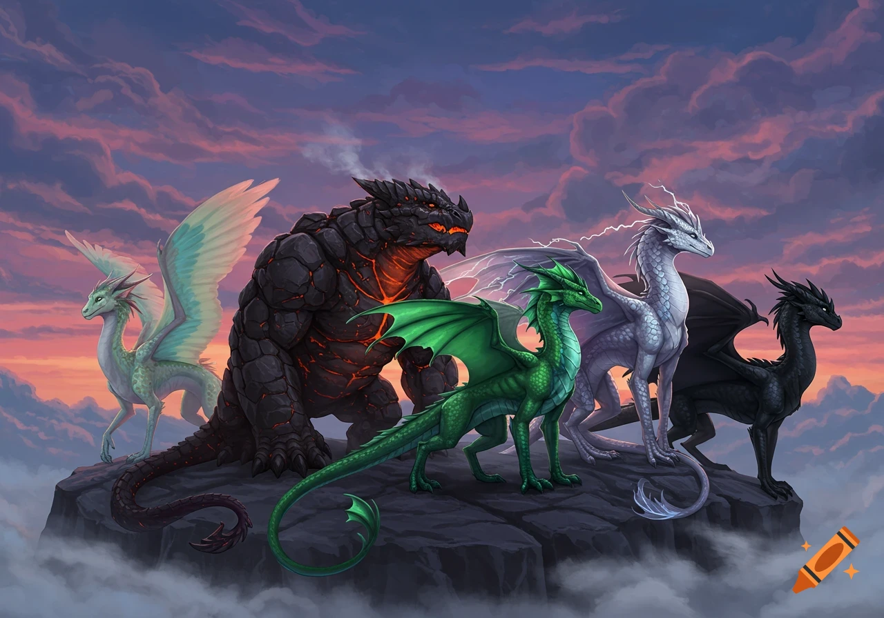 Five distinct fantasy dragons, including a rock elemental, green, and winged dragons, stand on a misty cliff under a dramatic sunset sky.
