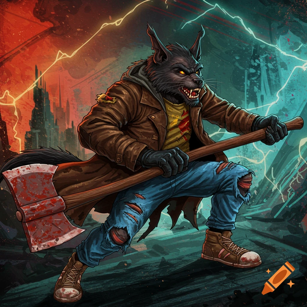 A stylized werewolf in a brown jacket and torn jeans holds a bloody axe over its shoulder, standing in a dynamic pose with a lightning-filled, destroyed city background.