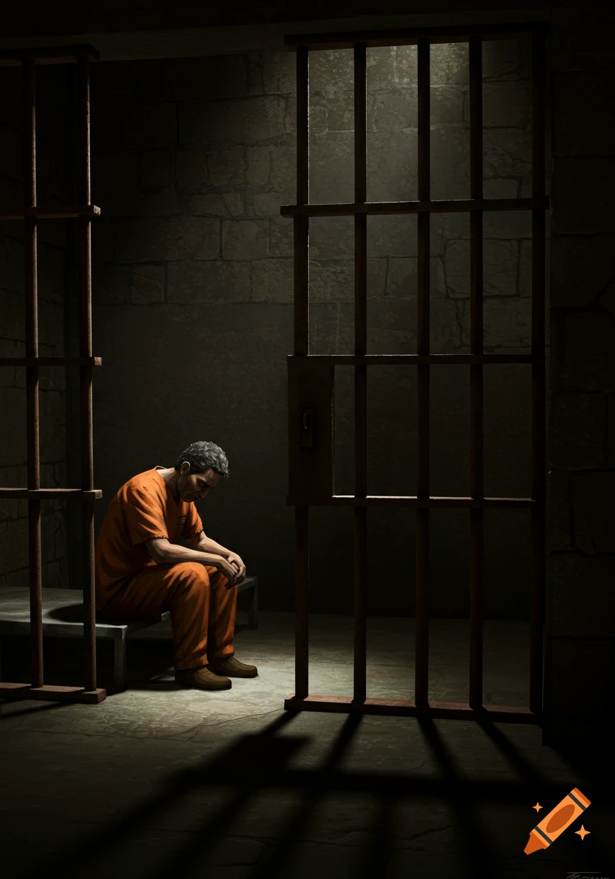 A man in an orange jumpsuit sits sadly in a dark jail cell, illuminated by a beam of light.