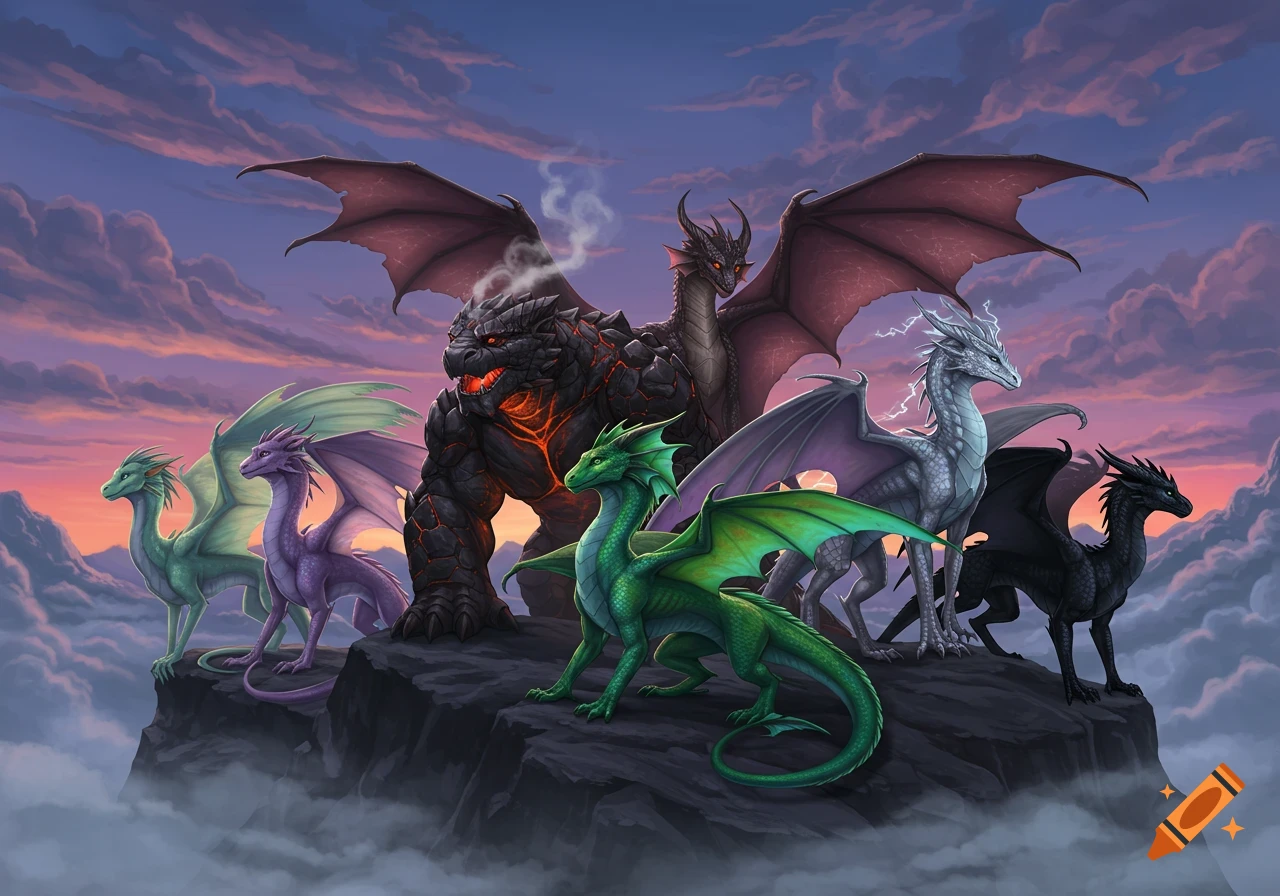 Seven colorful fantasy dragons stand on a rocky cliff under a twilight sky with clouds.