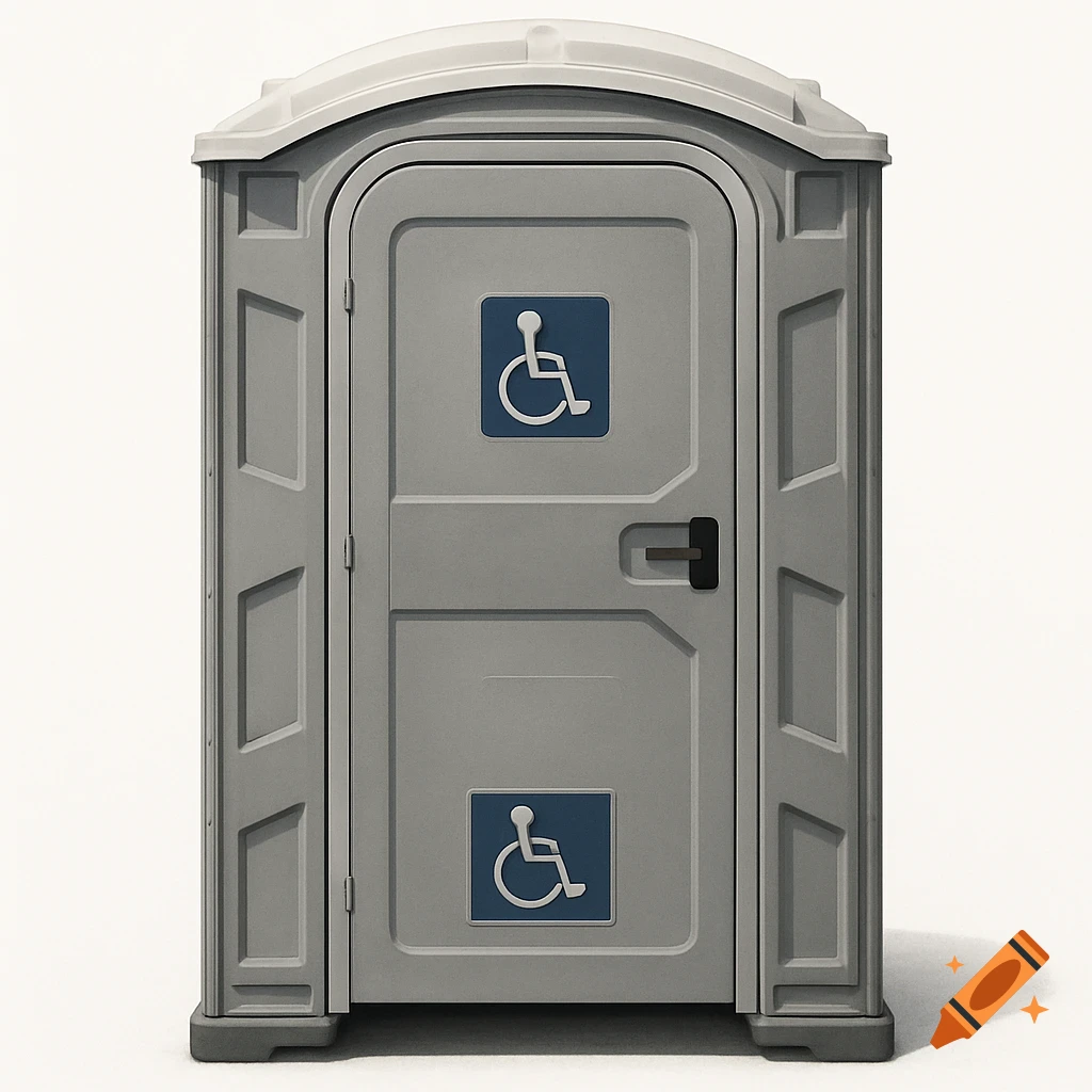 A grey wheelchair accessible portable toilet with a white roof on a white background, featuring blue and white disability symbols.