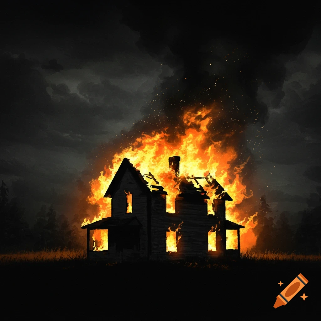 A dark, stylized image of a rural house engulfed in bright orange flames against a dark, cloudy sky.