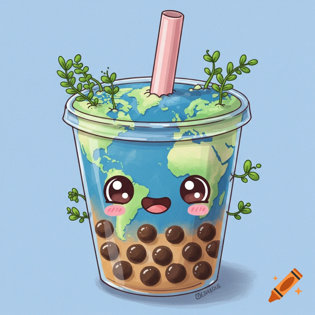 A cute cartoon illustration of the Earth as a boba tea drink with a smiling face, tapioca pearls, and green sprouts.