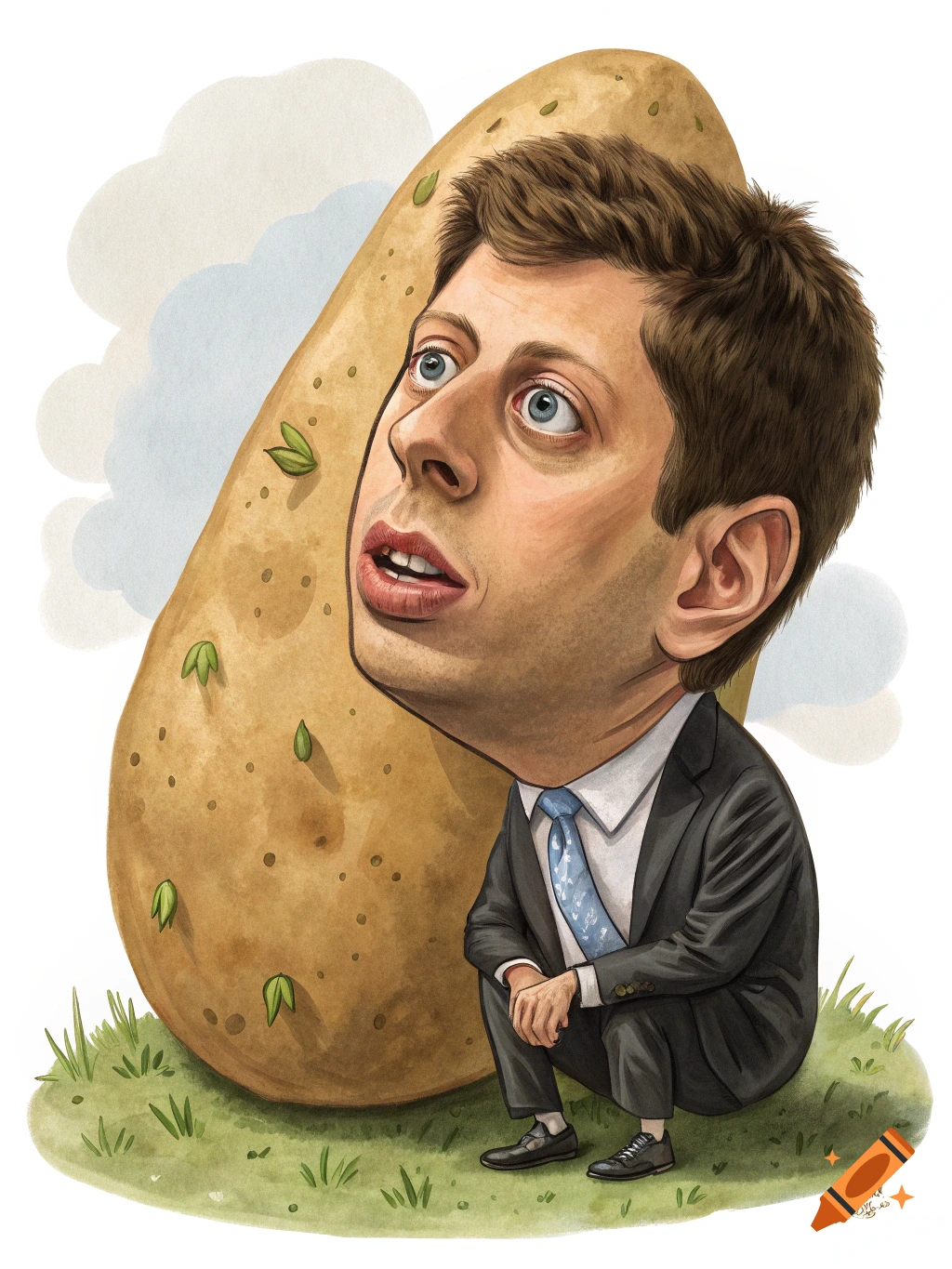 Caricature of Sam Altman with a large head and small body, kneeling next to a giant potato on green grass. Watercolor style.