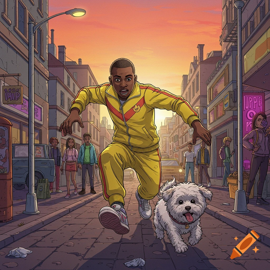 Cartoon illustration of a young man in a yellow tracksuit running after a white fluffy dog down a city street at sunset.