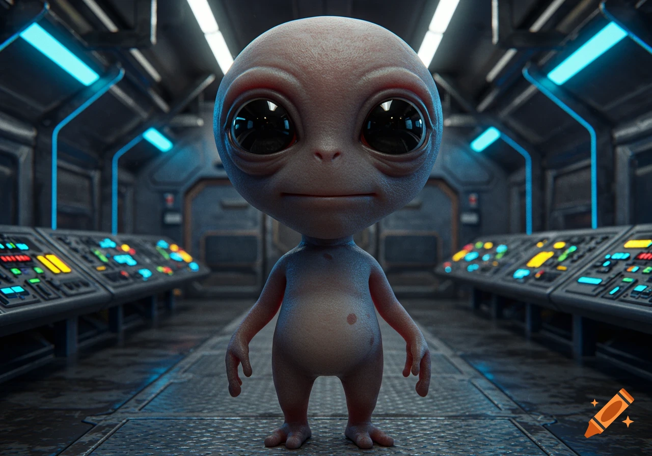 A realistic 3D render of a cute, light-skinned alien with large black eyes standing in a dark, metallic sci-fi spaceship with blue lights.