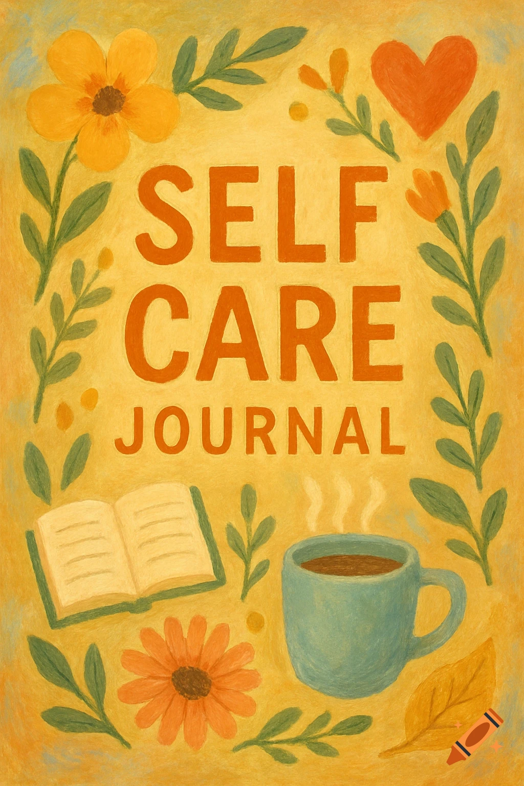 Colorful illustration of a 'Self Care Journal' cover with flowers, an open book, and a steaming mug on a yellow background.