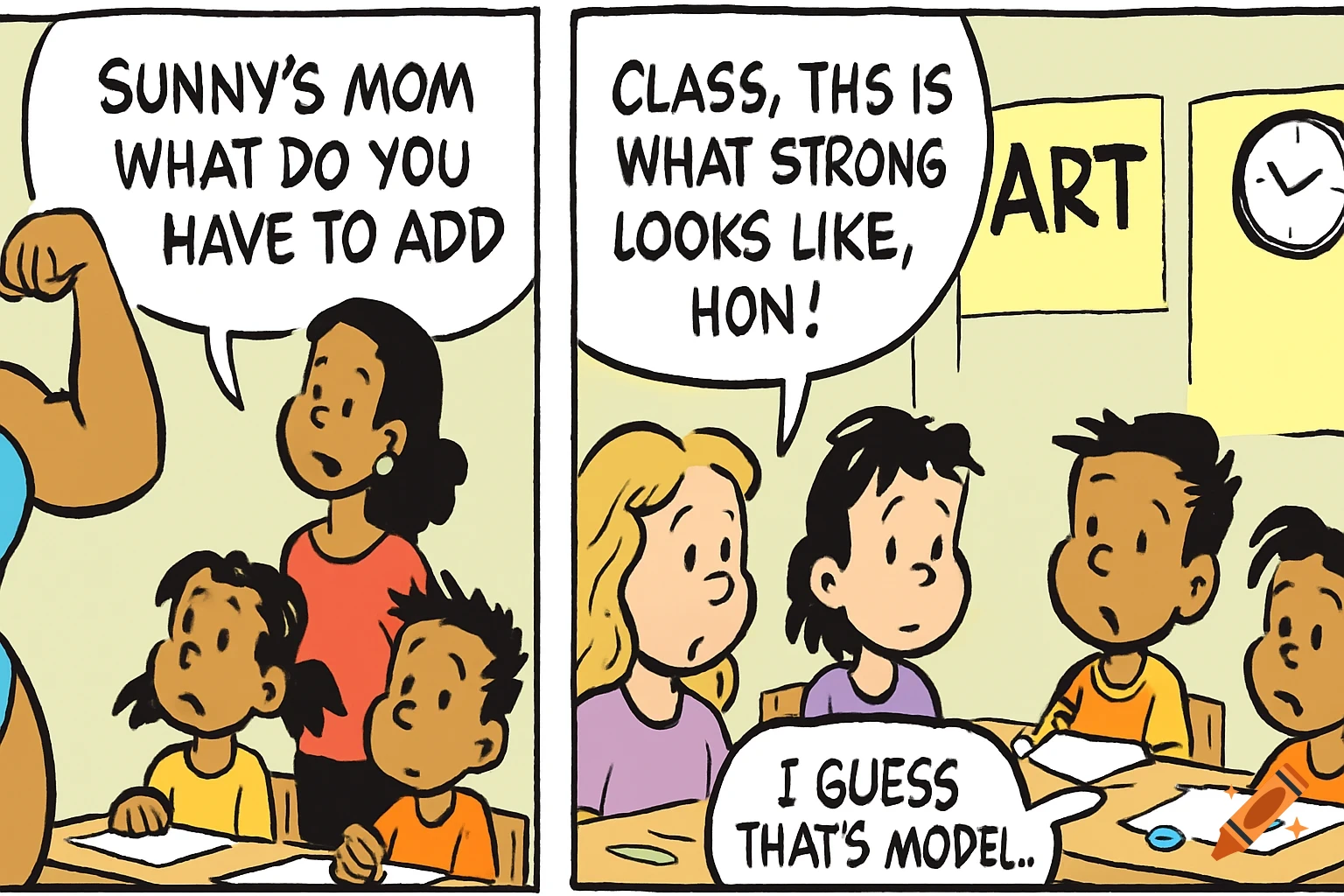 A colorful cartoon comic strip shows Sunny's mom flexing for a classroom of children as a teacher speaks.