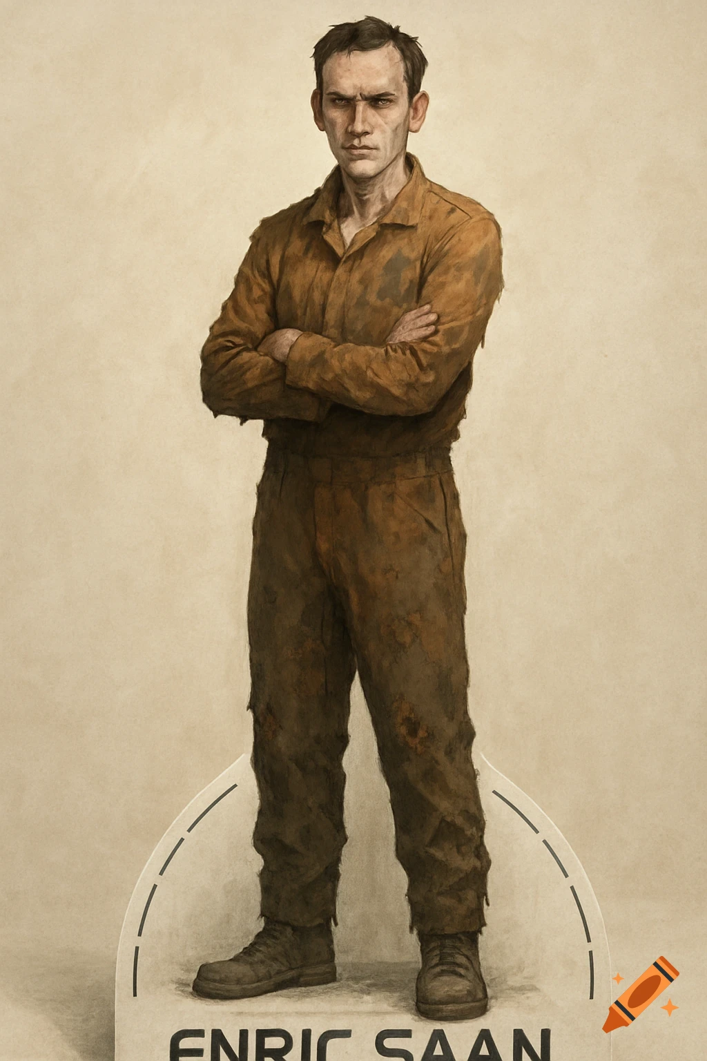 A painterly, semi-realistic portrait of Enric Saan, a gaunt man in a tattered brown prison jumpsuit, standing with arms crossed as a paper standee.