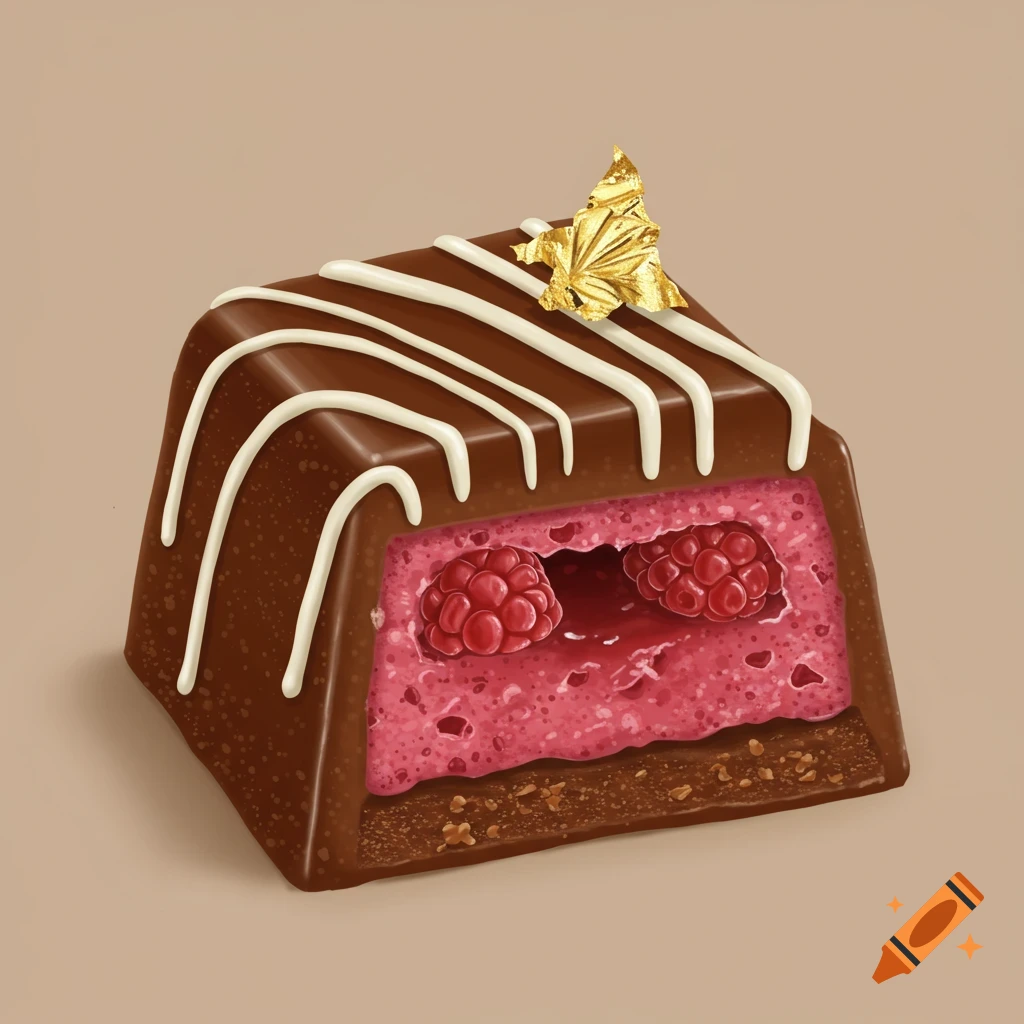 A square chocolate bonbon with a cutaway revealing a pink raspberry ganache filling with two raspberries, topped with white chocolate drizzle and a gold leaf.