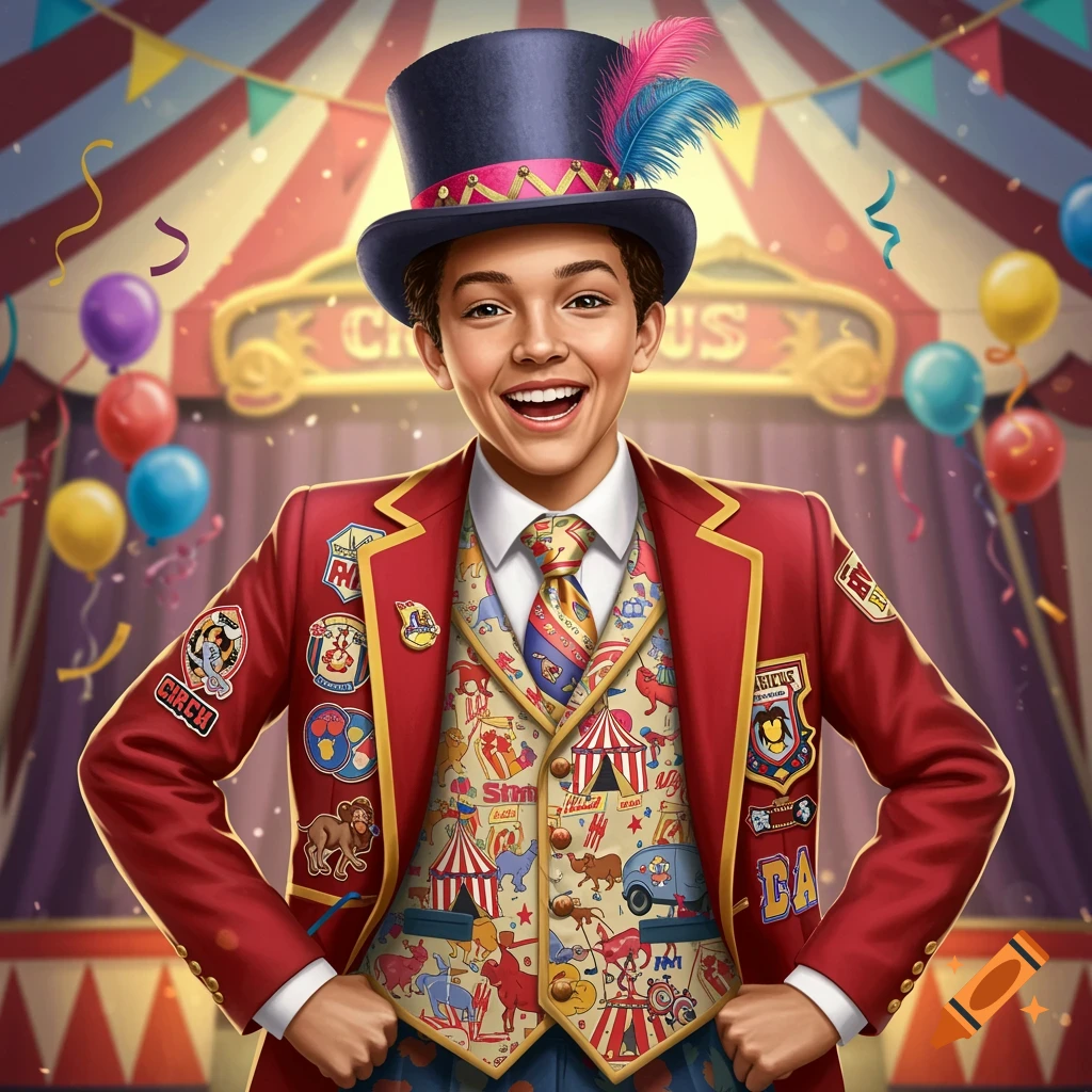 A smiling boy in a red circus-themed school uniform and top hat stands in front of a circus tent with balloons.