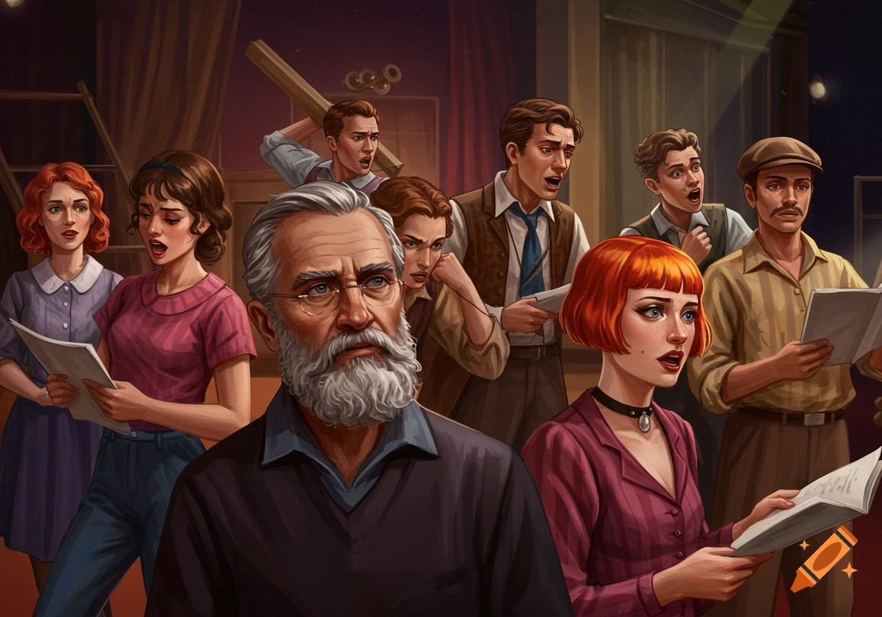 An expressive illustration of a diverse group of people rehearsing a play on a stage, some holding scripts.