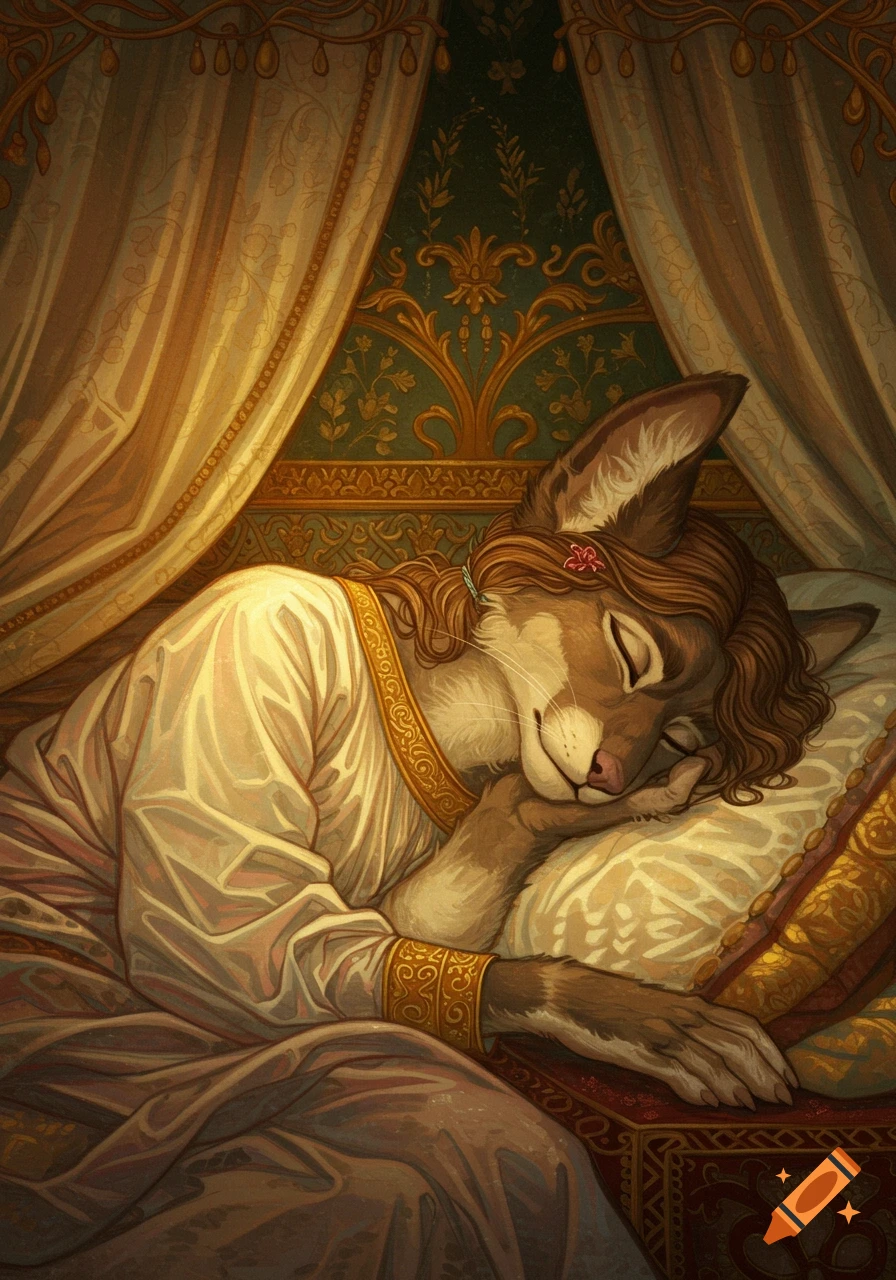 An anthropomorphic rabbit-like creature with long hair sleeps peacefully in a richly decorated bed, in a Pre-Raphaelite art style.