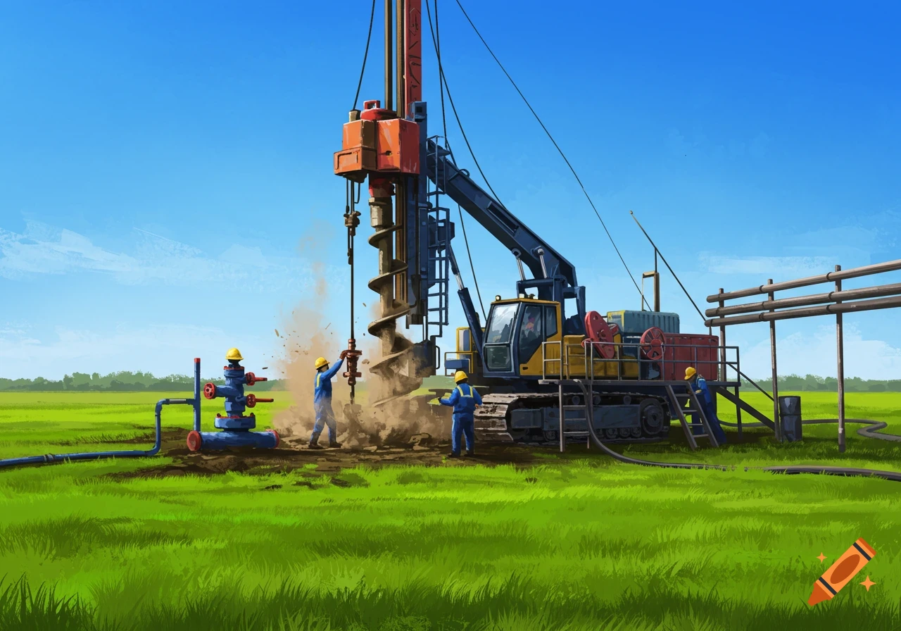 Illustrative scene of a large drilling rig with workers operating it in a green field under a blue sky.