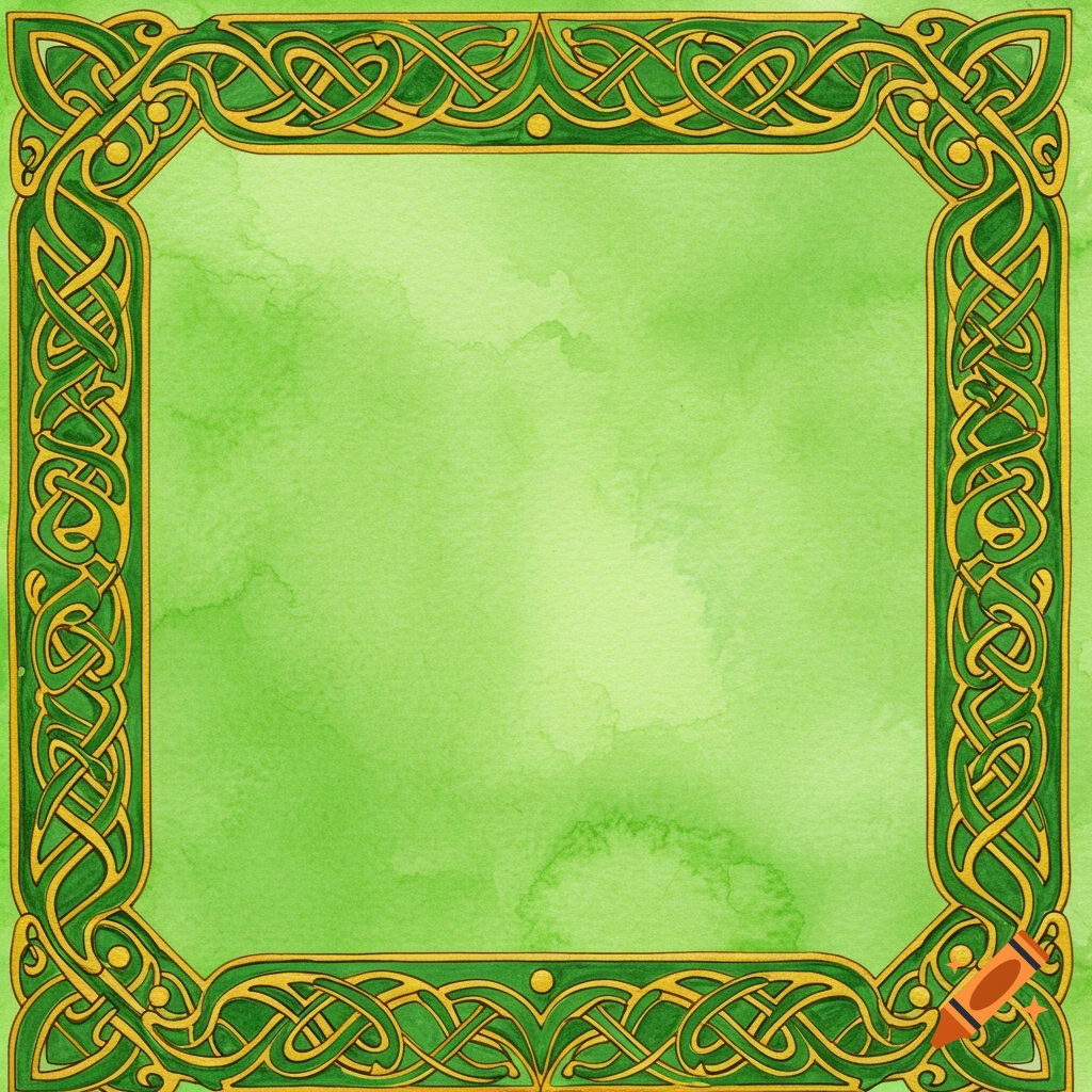 A square frame with intricate green and gold Celtic knotwork on a bright green watercolor background.
