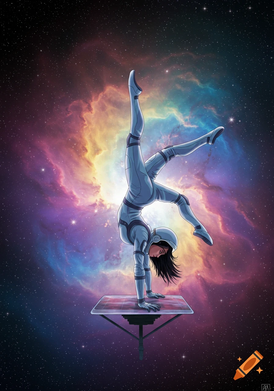 An astronaut performs a handstand on a small platform against a ...