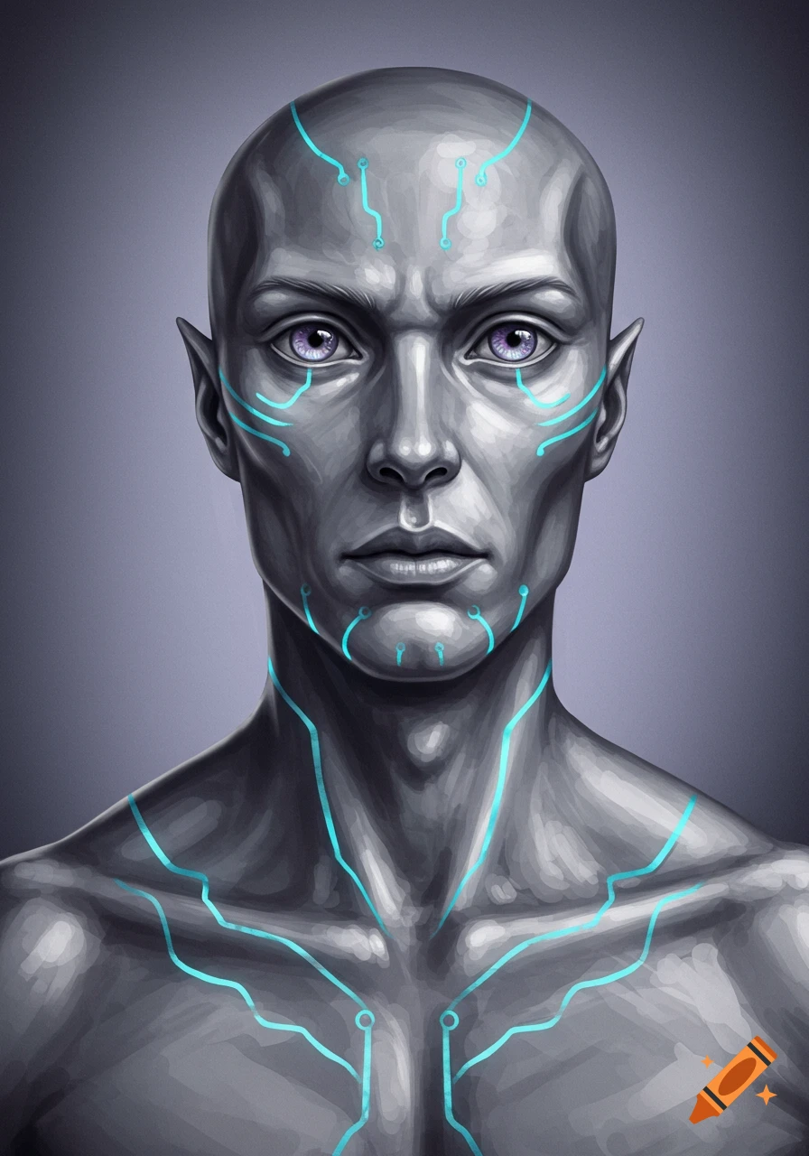 A bust of a striking humanoid alien with pale silver skin, violet eyes, pointed ears, and glowing blue circuit patterns.