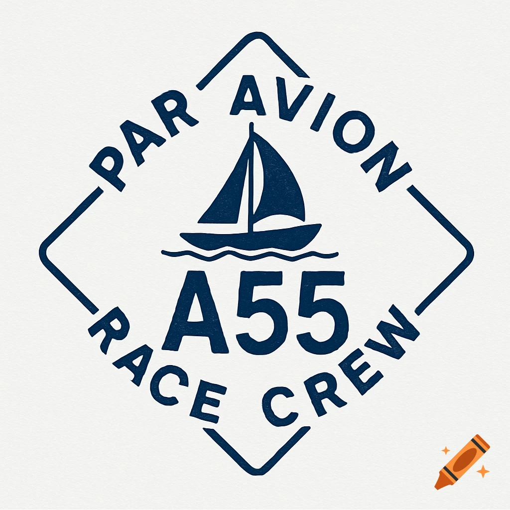 A navy blue and white nautical logo with a sailboat above 'A55', framed by 'PAR AVION' on top and 'RACE CREW' on the bottom in a diamond shape.