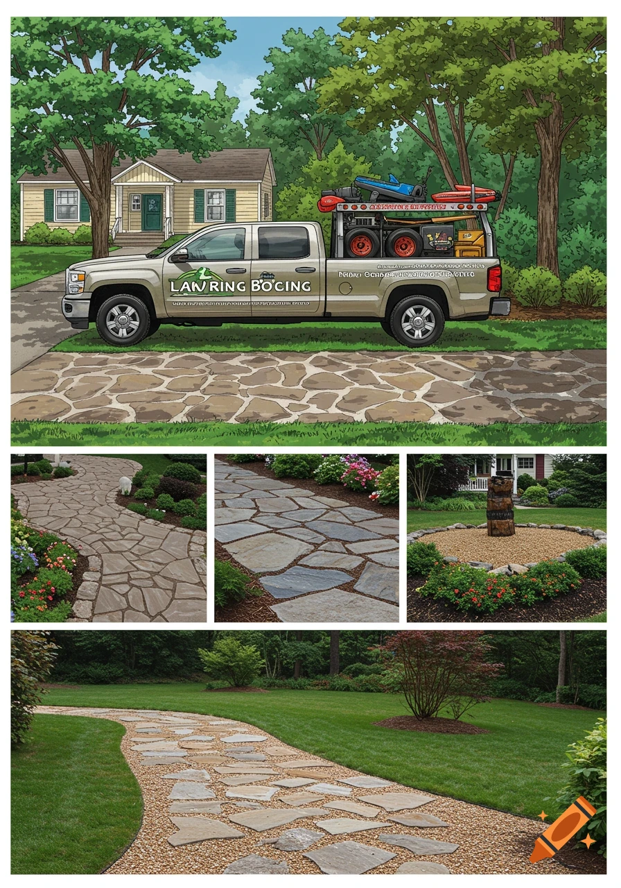 An illustration of a landscaping truck parked in front of a house, with examples of stone pathways.
