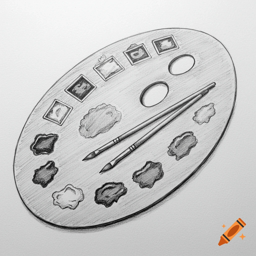 A hand-drawn pencil sketch of an artist's paint palette with paint blobs and two brushes.