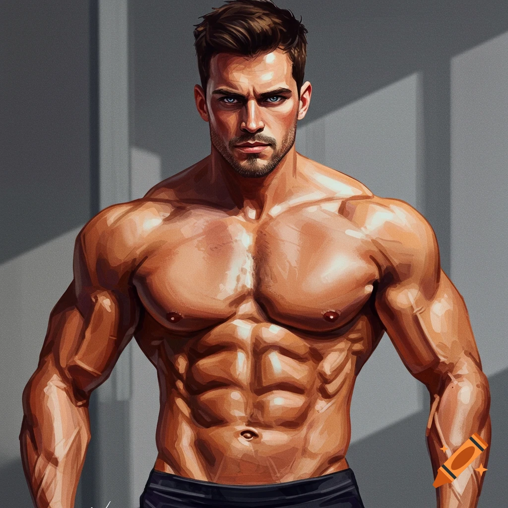 A stylized digital painting of a muscular man with blue eyes and a beard, shirtless, looking directly forward.