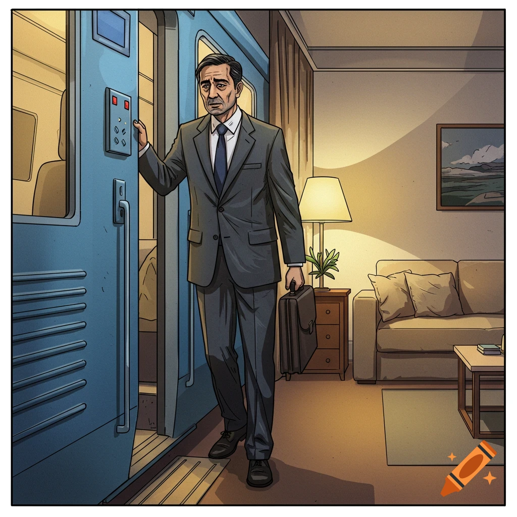 A drawing of a business man stepping from a train car into a warmly lit living room.