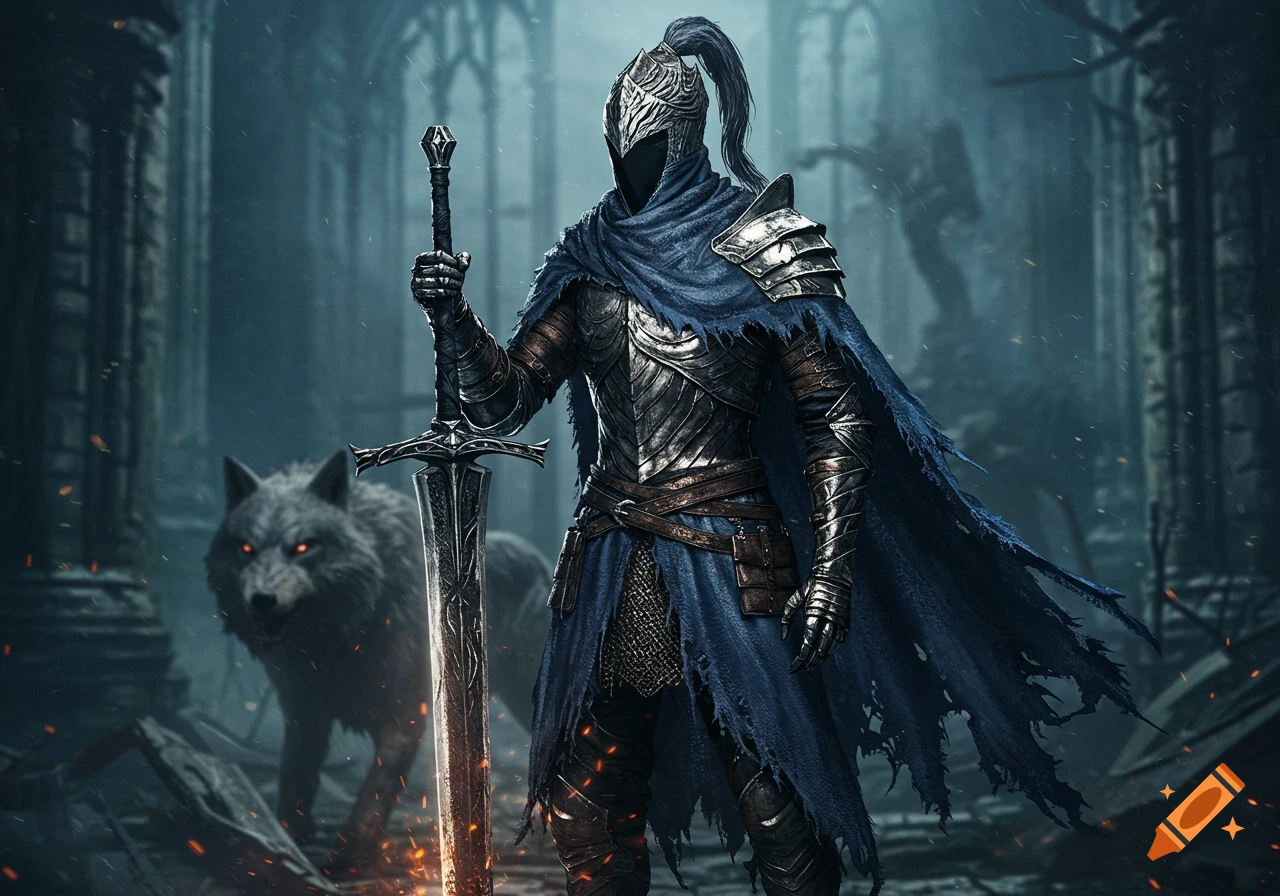 Photorealistic depiction of a dark knight in armor holding a large sword, standing next to a wolf with glowing eyes in a ruined castle.