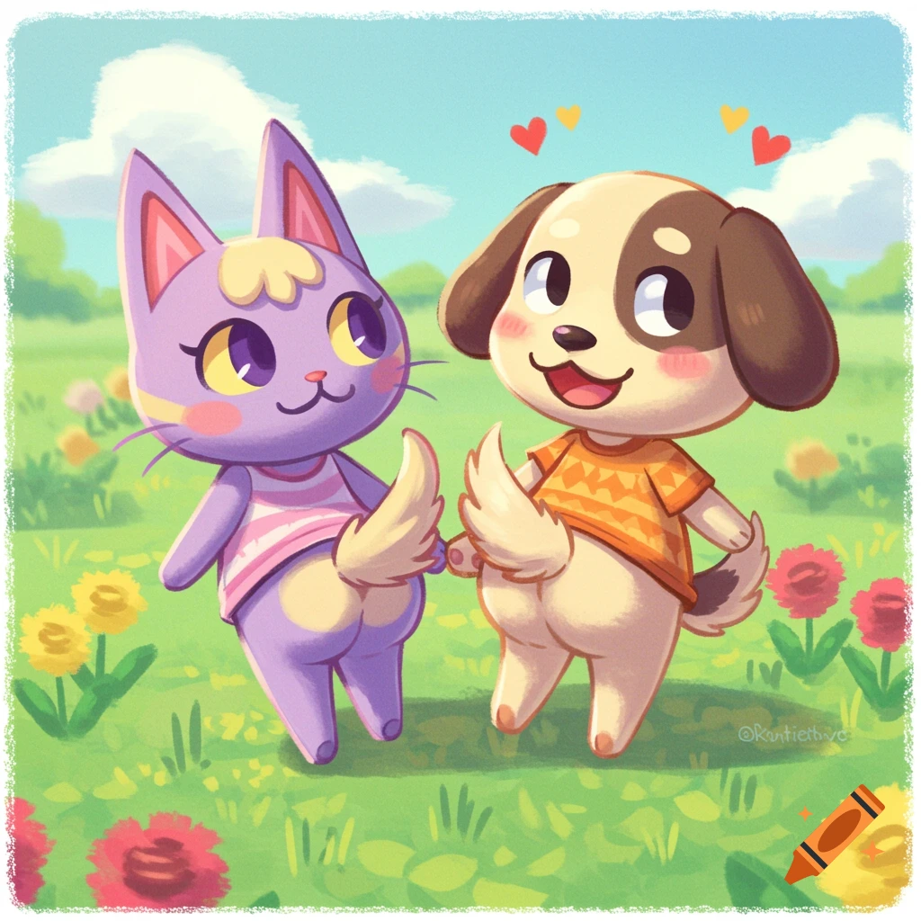 A purple cat and a brown and white dog in Animal Crossing style stand in a field of flowers, smiling and touching their butts.