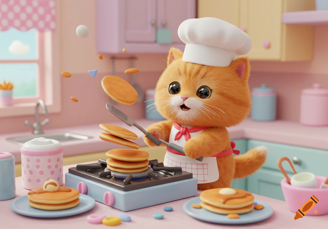 A cute orange cartoon kitten in a chef's hat and apron flips pancakes in a pastel kitchen.