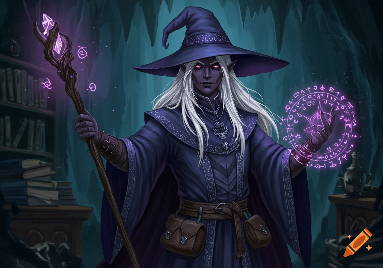 A dark elf wizard with white hair and red eyes, wearing a purple robe and pointed hat, holds a glowing crystal staff and casts a spell with glowing runes.