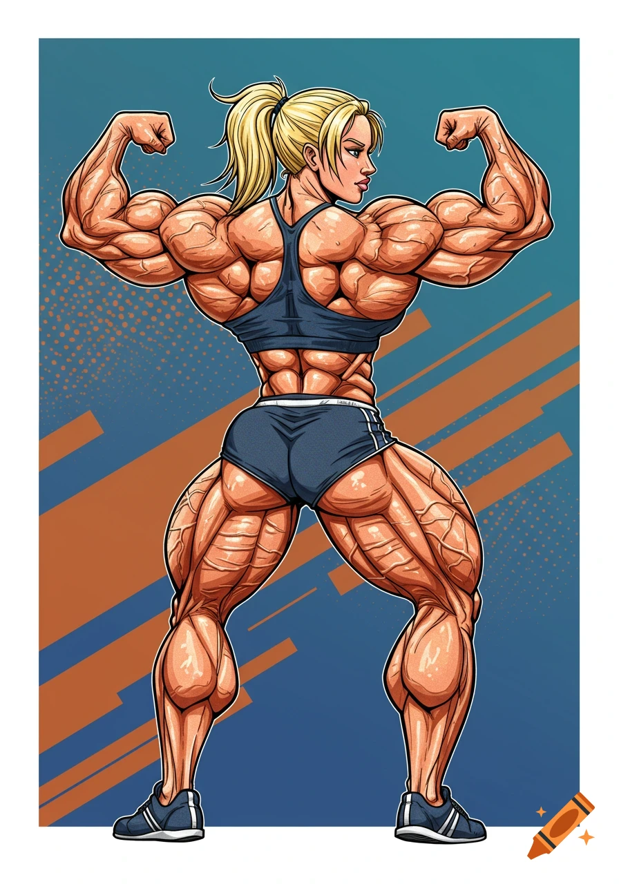 An illustration of a blonde, muscular woman performing a back double bicep pose.
