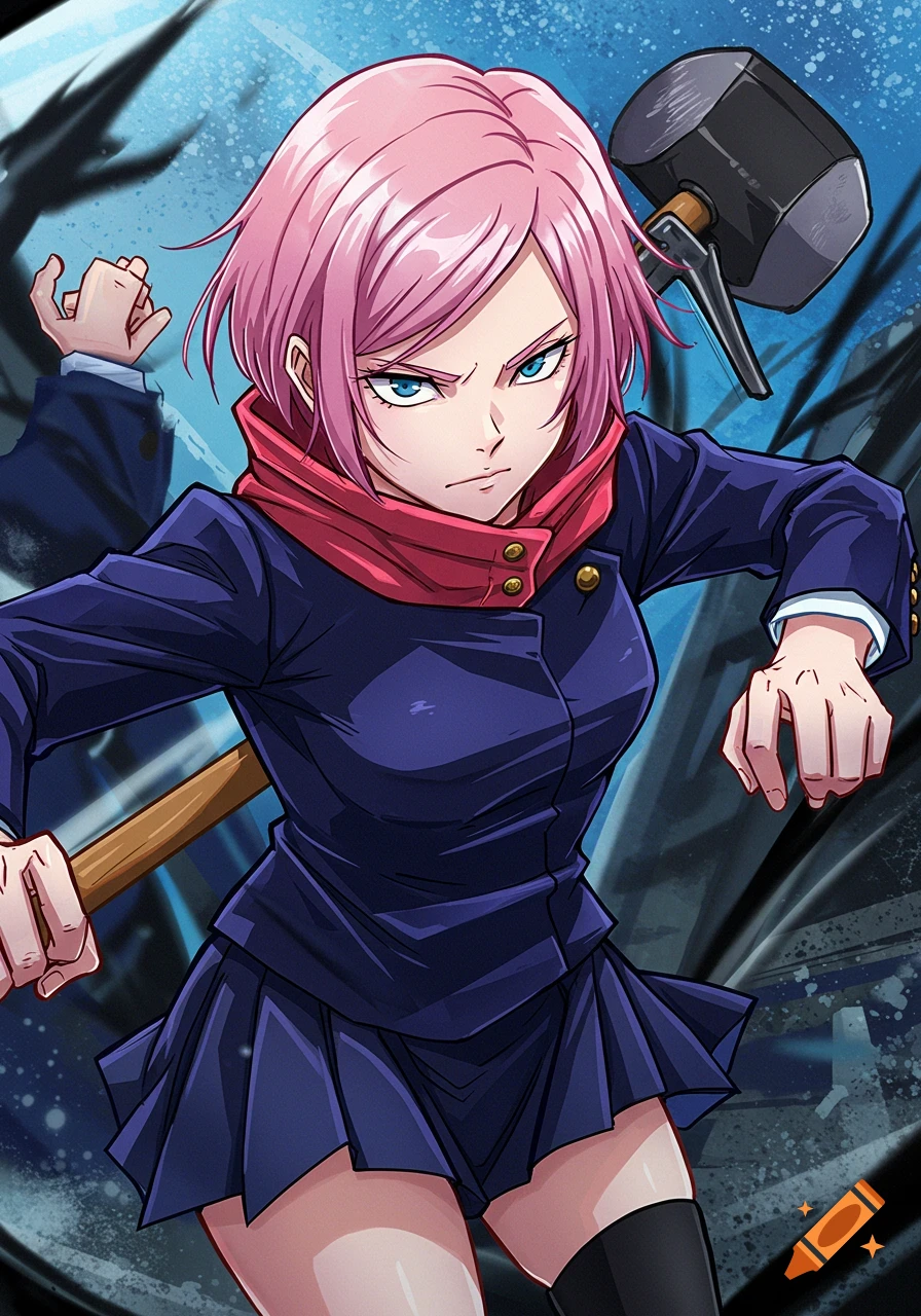 Anime girl with short pink hair and blue eyes, wearing a dark uniform and red scarf, holding a hammer with a determined expression.