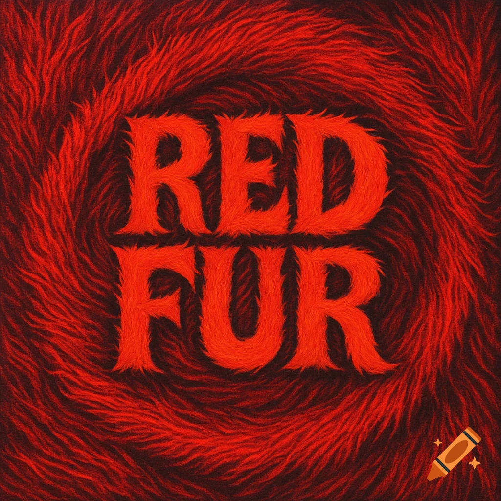 The words 'RED FUR' rendered in bright red, textured fur letters against a swirling background of darker red fur.