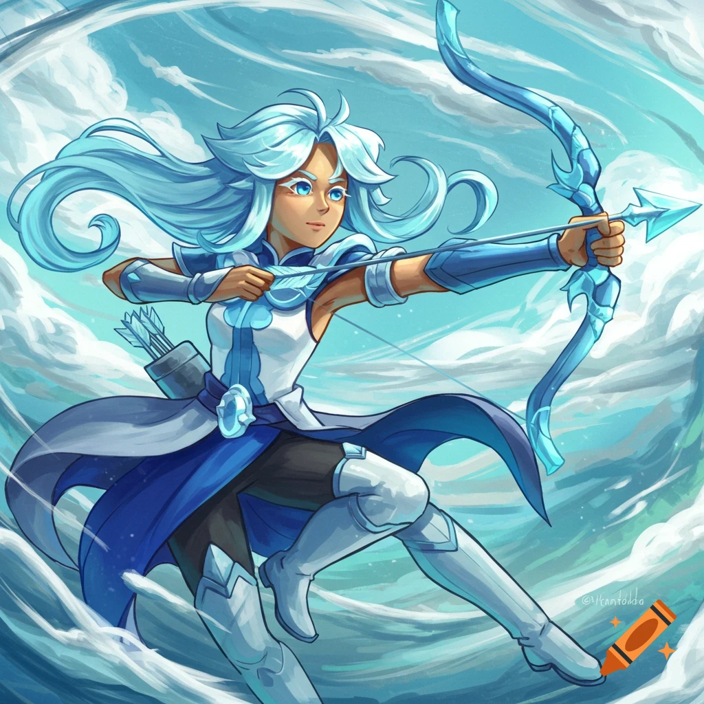 A female archer in blue and white, with light blue hair, aims a glowing bow and arrow amidst swirling clouds in a cartoon style.