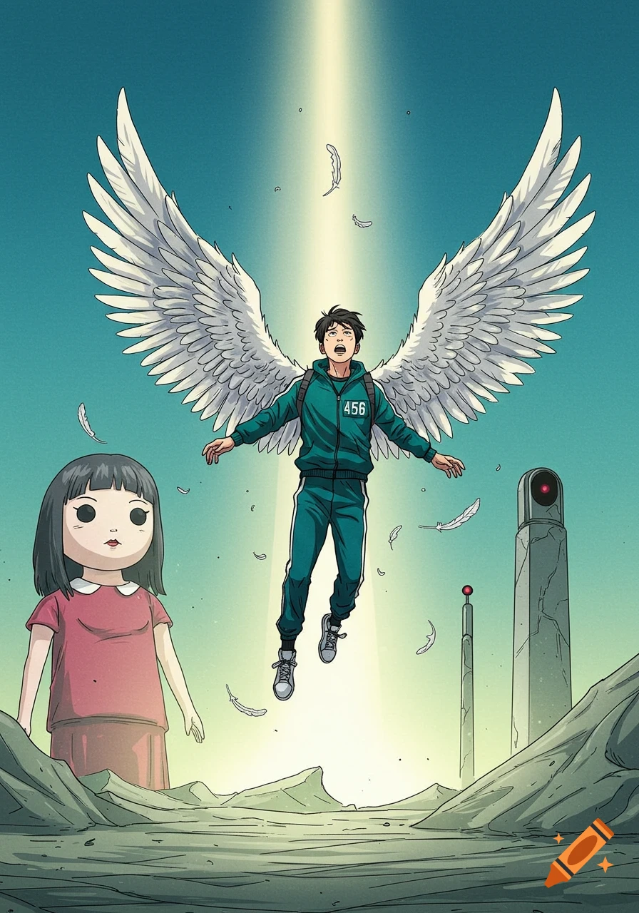 Comic book illustration of Squid Game's Player 456 with white wings, floating above a desolate landscape with the giant doll.