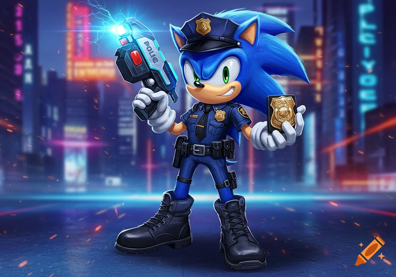 Sonic the Hedgehog dressed as a police officer, holding a taser and a badge in a neon city.