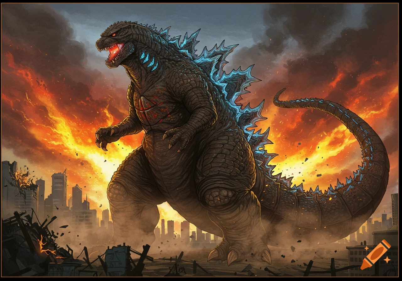 A giant, dark monster with glowing blue spines and red eyes roars amidst a burning, ruined city under a fiery sky, in an illustrative style.