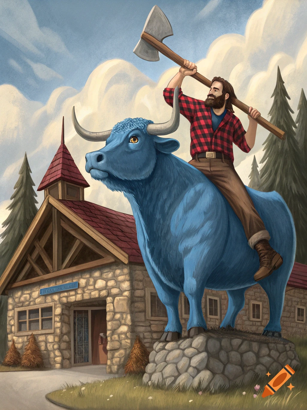 An illustration of Paul Bunyan with an axe riding Babe the blue ox in front of a stone building with a red roof.